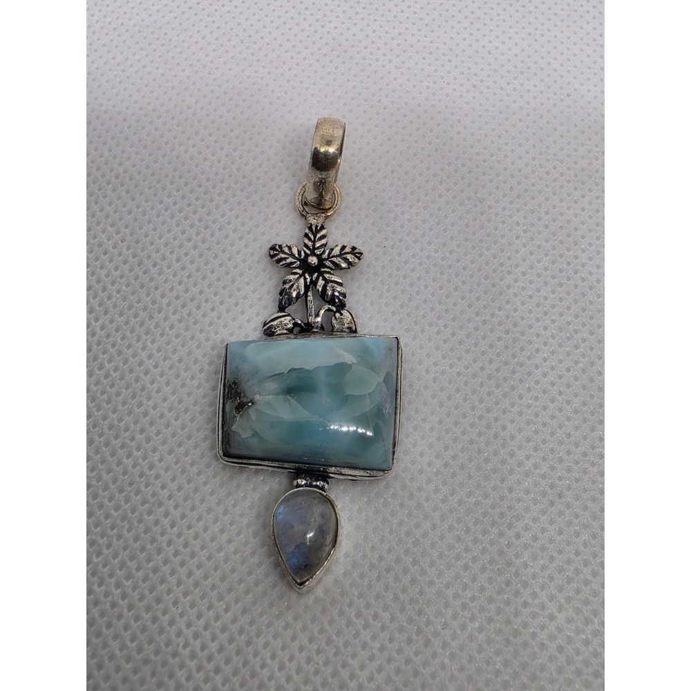 Handmade Larimar with Rainbow Moonstone Gemstone Pendant Silver Floral Bail 2.5"
